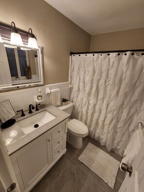 Hair dryer, bidet, towels, soap