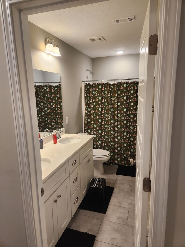 A bathroom with a white sink, mirror, and toilet. There is a shower curtain with a Christmas pattern. - Charming house just minutes to the Augusta National in fabulous North Augusta (North Augusta)