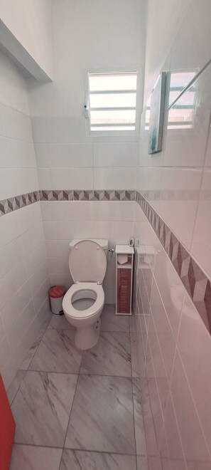 Een douche, een haardroger, handdoeken, zeep