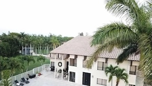 Une maison à deux étages avec une piscine, entourée de palmiers et d’une pelouse bien entretenue.