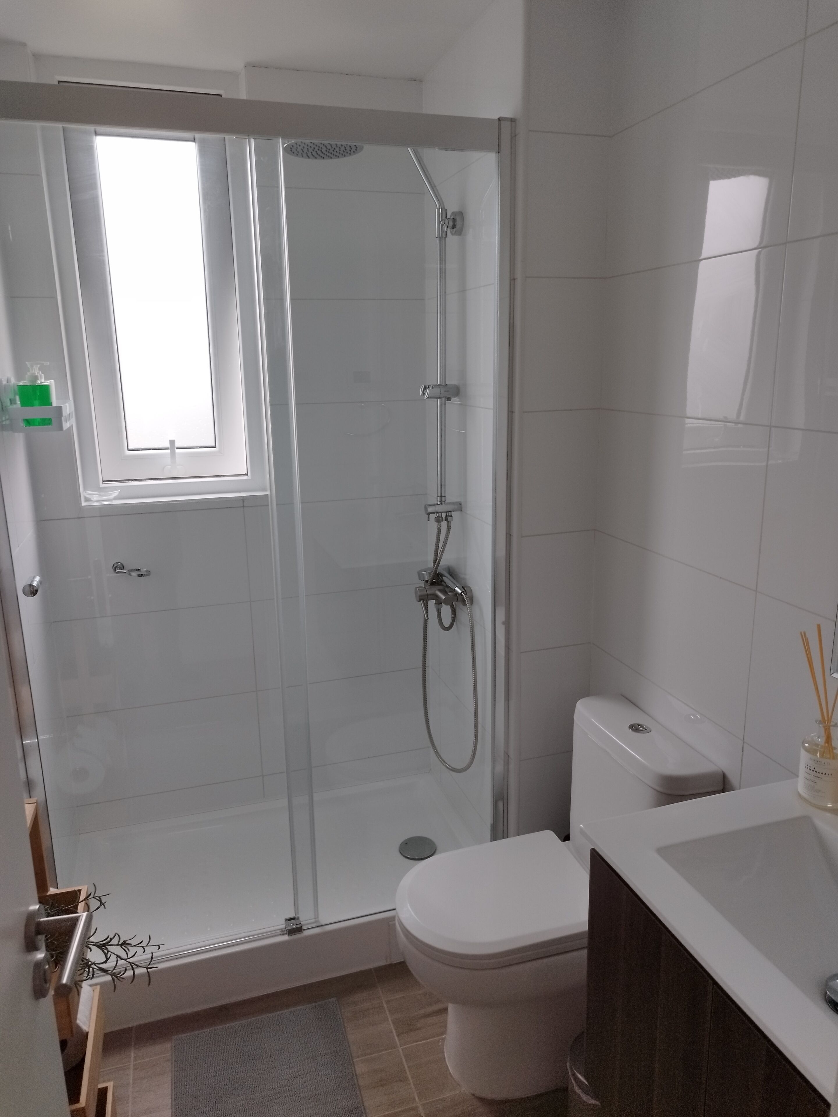 Regadera, secadora de cabello, toallas, jabón 