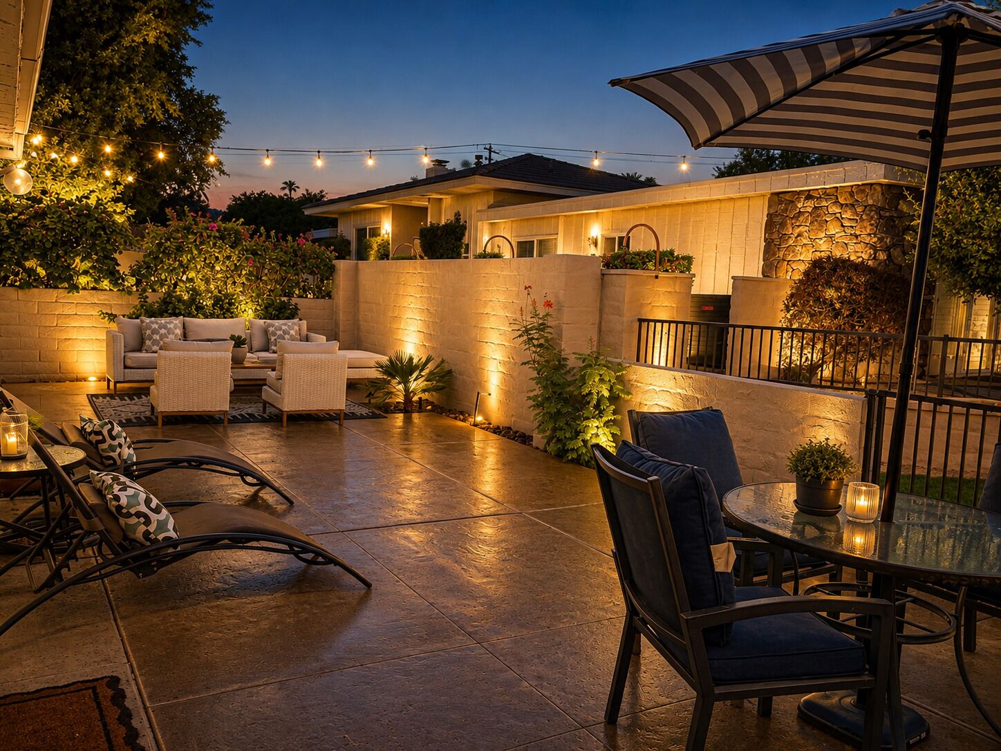 An outdoor patio area with a seating arrangement, a table with chairs, and string lights.