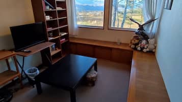 26-tommers LCD-tv med satellitkanaler, pejs, bordtennisbord