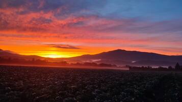 Ein Sonnenuntergang über einem Feld mit Bergen in der Ferne.