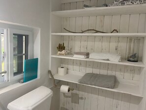 Hair dryer, towels, soap, toilet paper