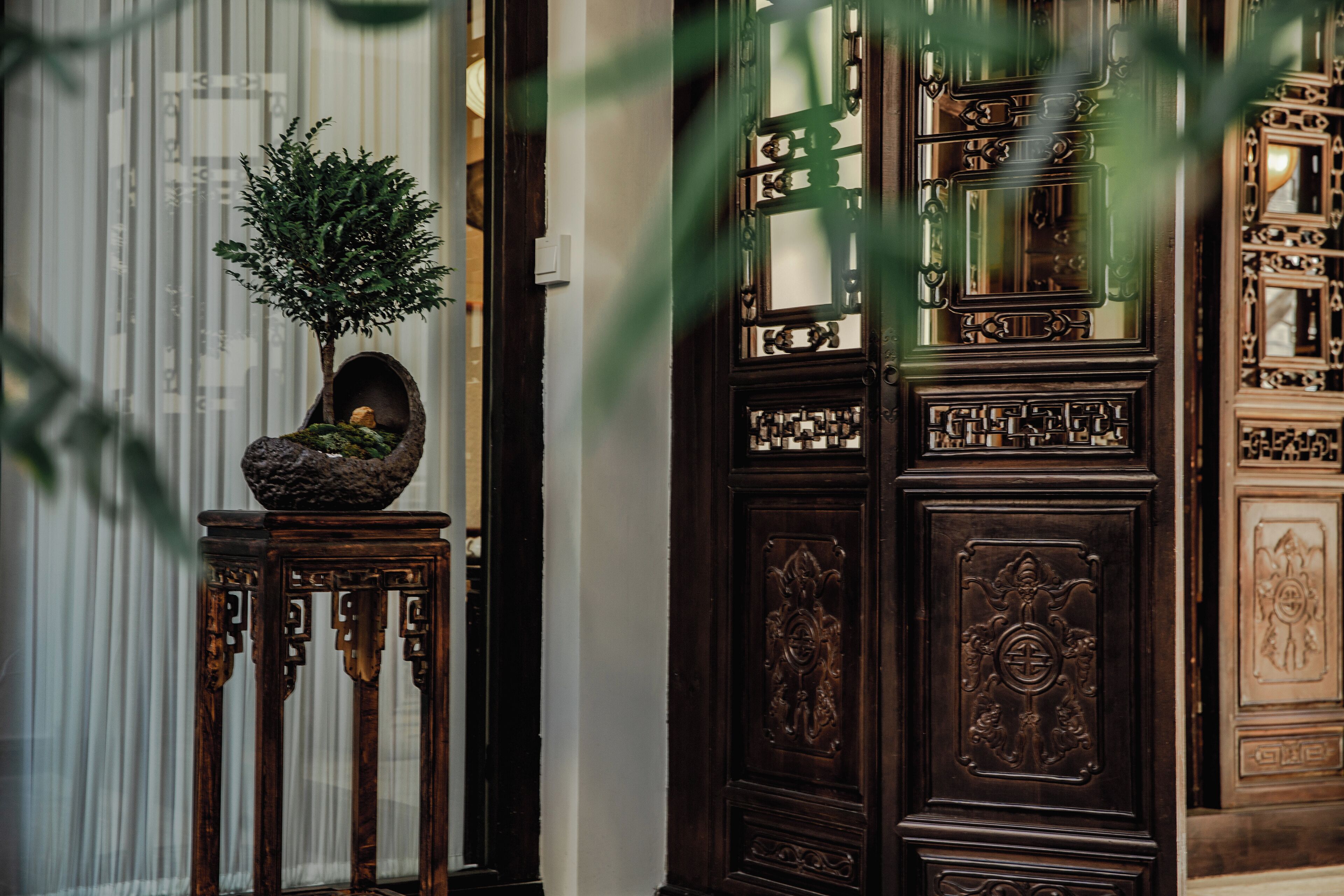 Une porte en bois traditionnelle, ornée de sculptures complexes, et un petit arbre en pot, posé sur un support en bois.
