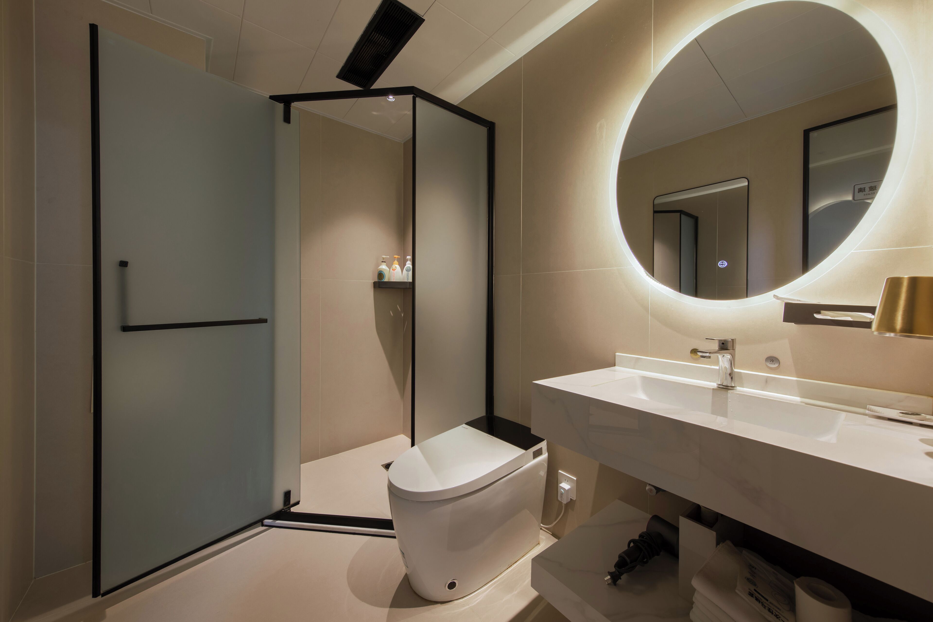 Ein modernes Badezimmer mit Duschkabine aus Glas, einer weißen Toilette und einem Waschtisch mit großem Spiegel.