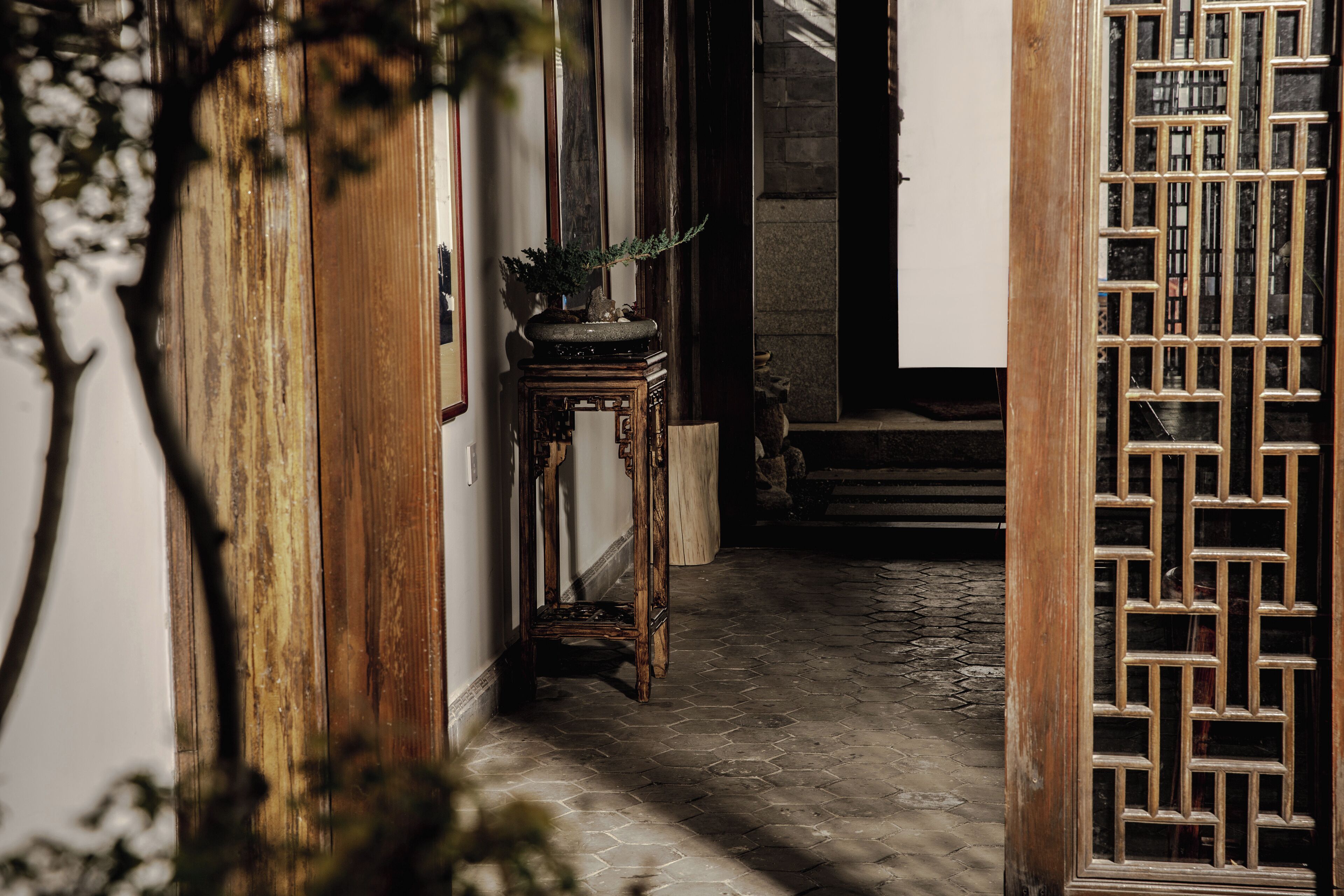 A narrow hallway with a wooden door, a traditional Chinese-style gate, and a small table with a potted plant.