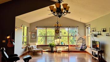 TV, fireplace, DVD player, books