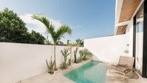 Un área de piscina exterior moderna con una piscina azul cristalina, rodeada de plantas y una sola tumbona.