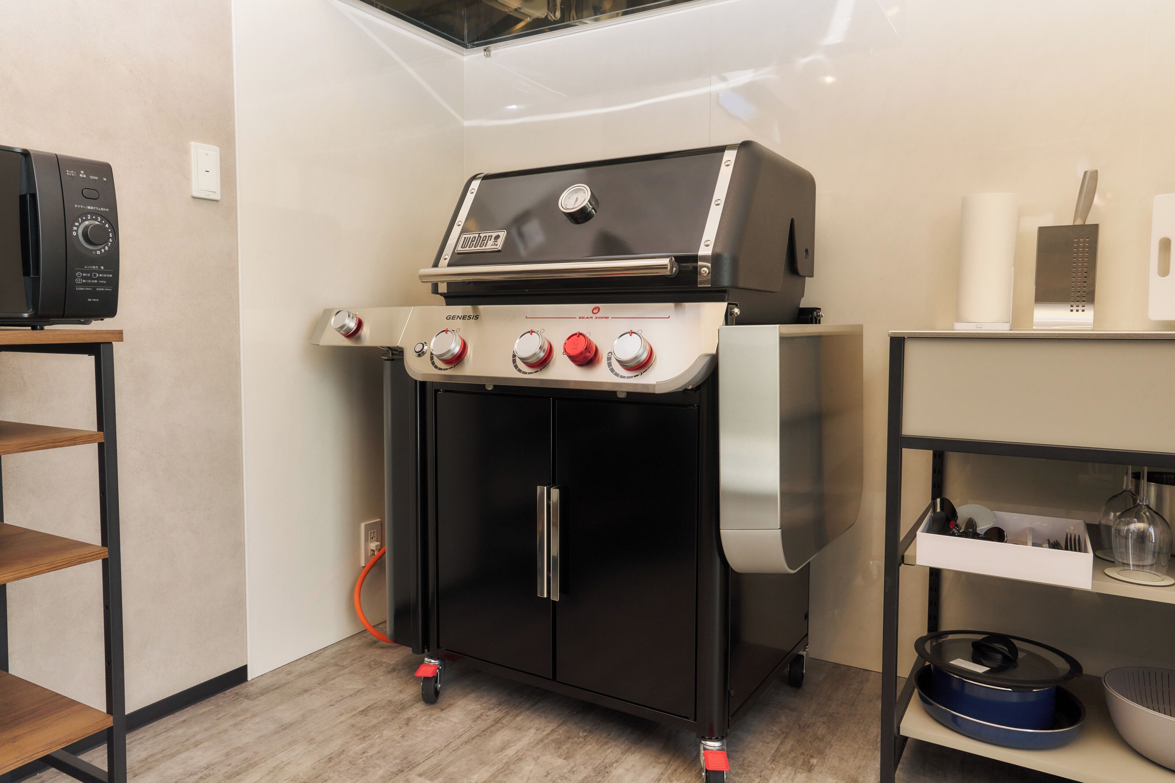 Full-size fridge, microwave, stovetop, rice cooker