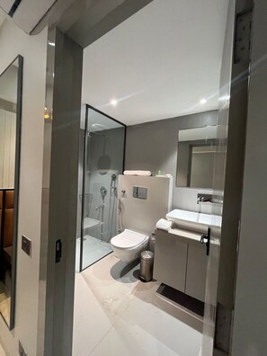A modern bathroom with a glass-enclosed shower, a toilet, and a sink. - Hotel shri anand Vilas (Bhopal)
