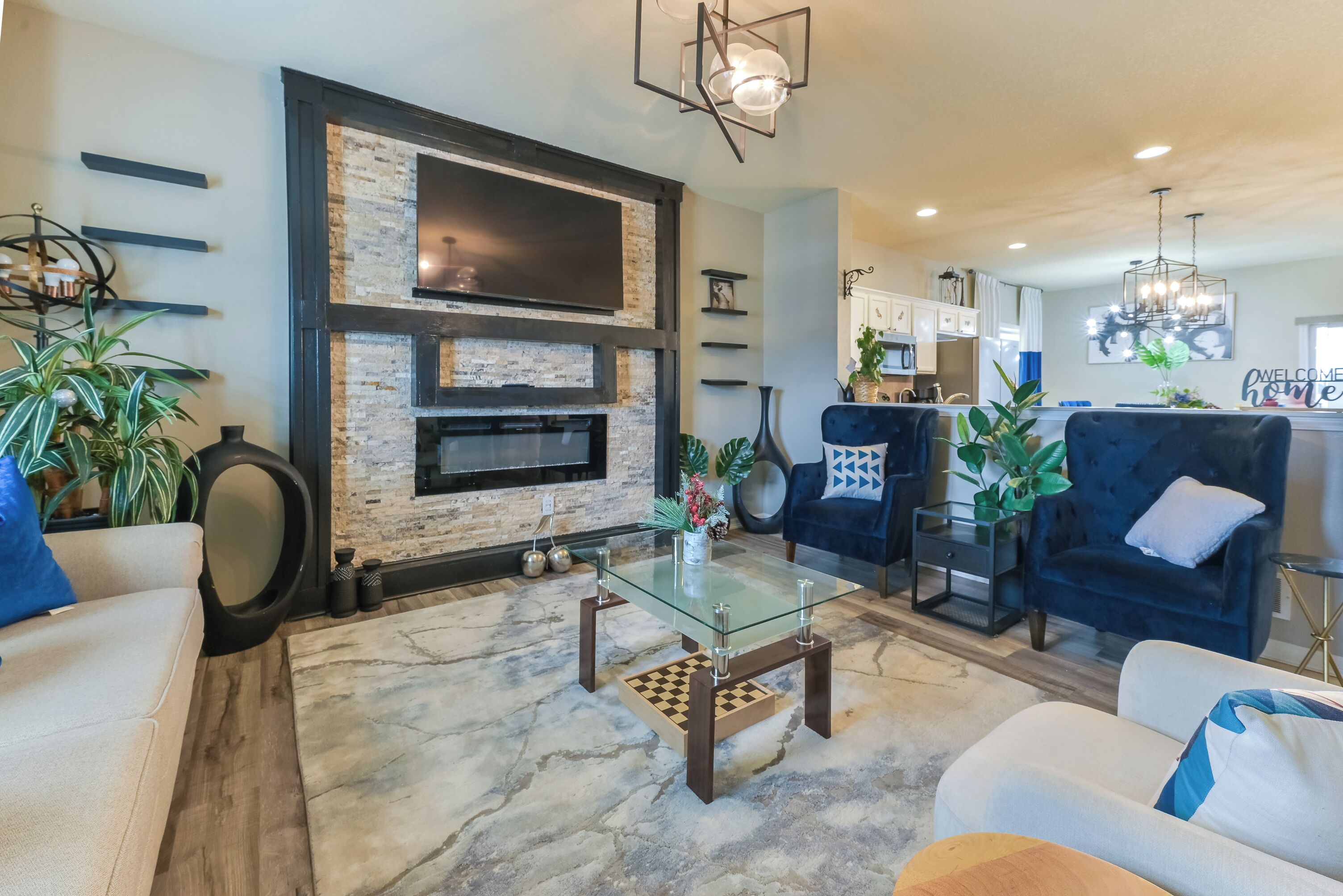 智能電視、壁爐、書籍