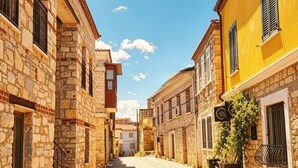 Une ruelle étroite pavée, bordée de bâtiments en pierre dotés de volets, et un bâtiment jaune orné d’un pot de fleurs.
