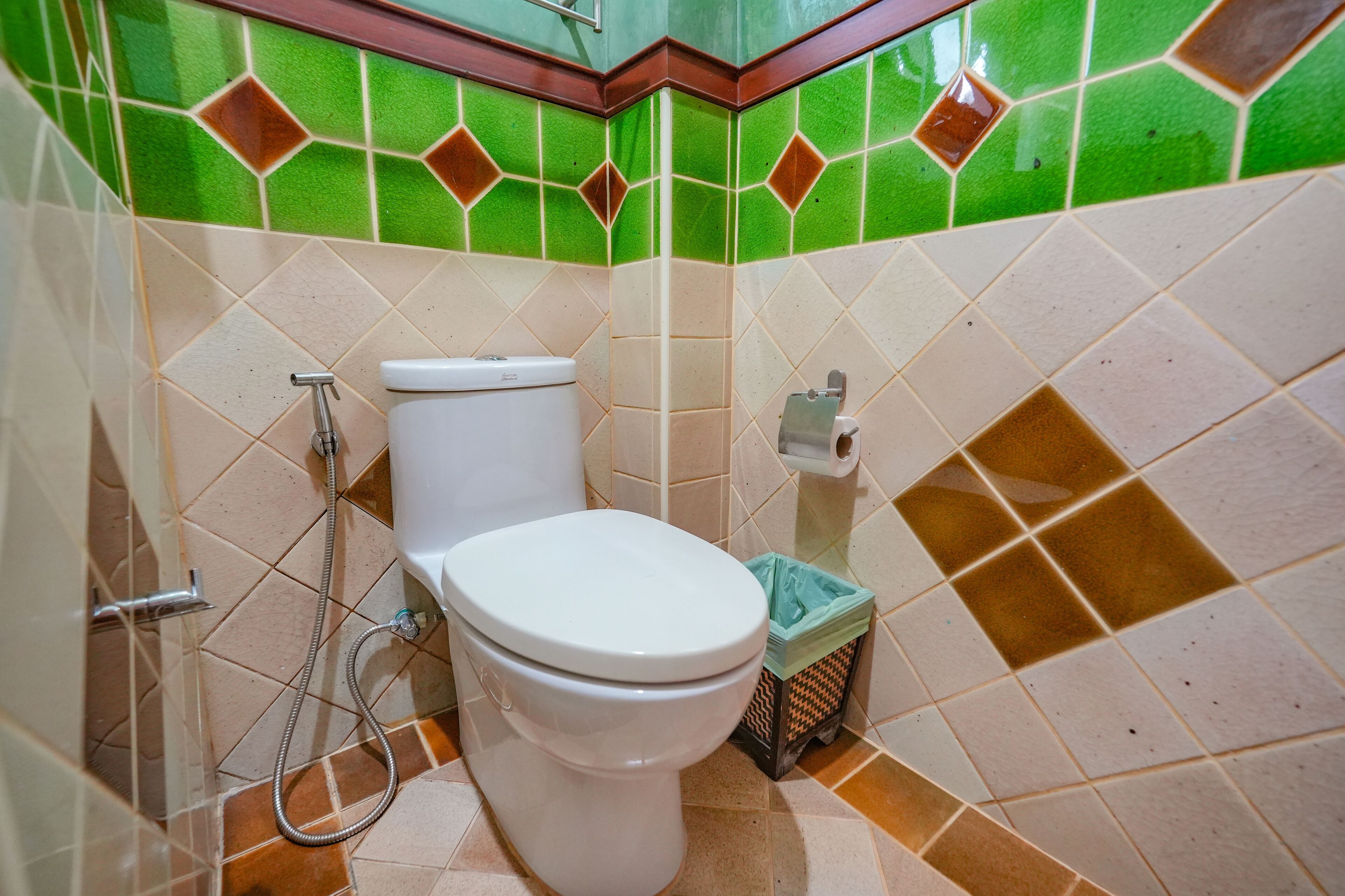 A bathroom with a toilet, a shower, and a trash bin.
