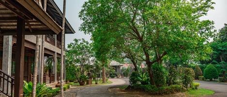 A building with a covered walkway and a large tree in the center.