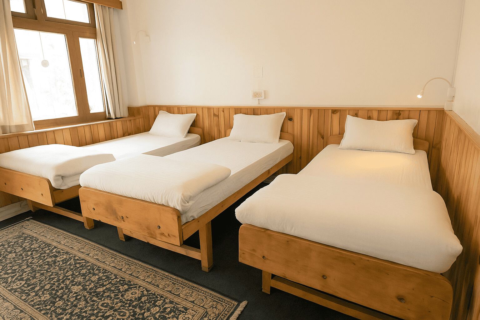 A room with three wooden beds, a window with curtains, a wall-mounted lamp, and a patterned rug.