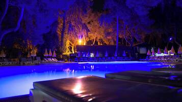 Seasonal outdoor pool, open 9:00 AM to 6:00 PM, pool umbrellas