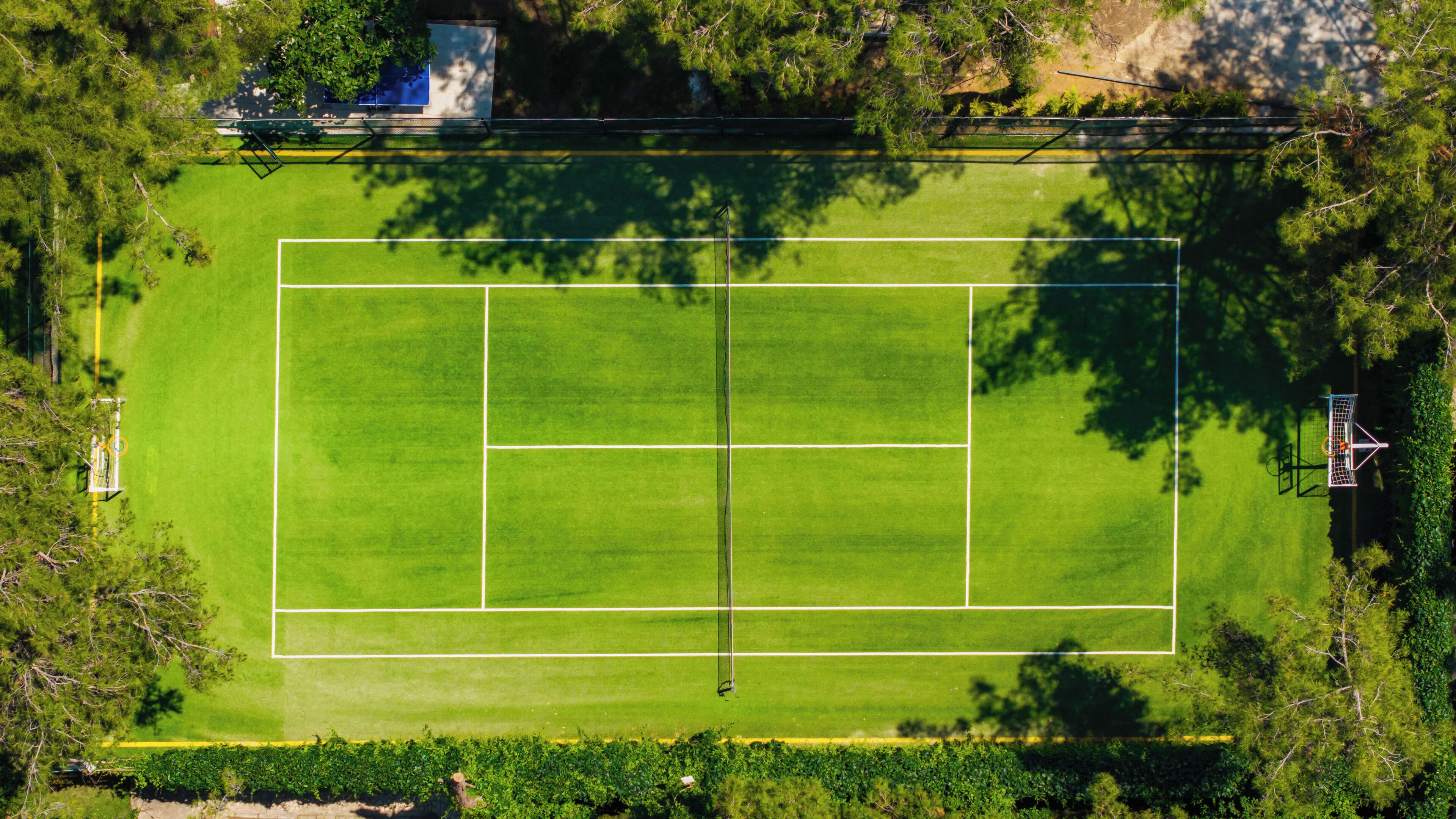 An aerial view of a tennis court surrounded by trees.
