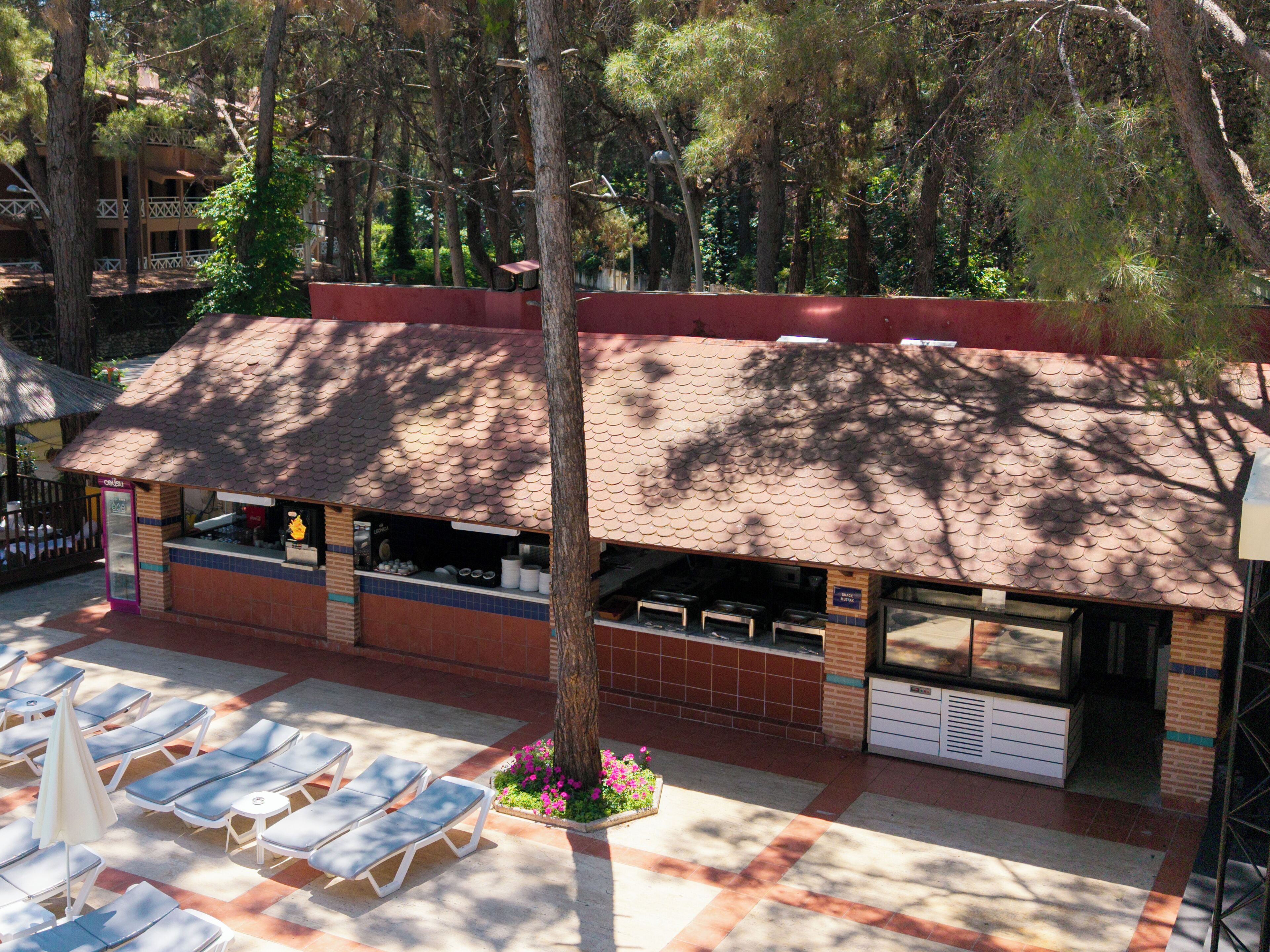 A restaurant with outdoor seating, a tiled roof, and a tree in the center.