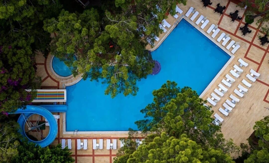 An aerial view of a swimming pool surrounded by lounge chairs and trees.