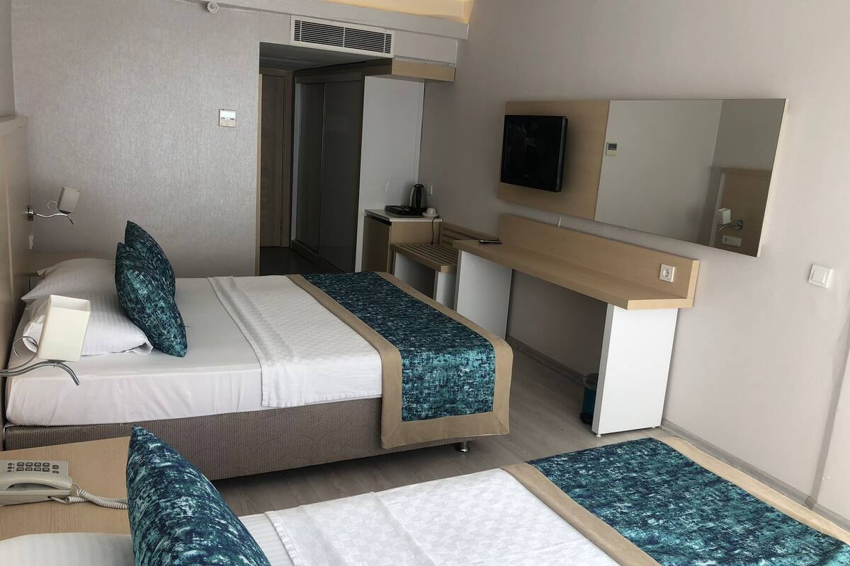 Habitación de hotel con dos camas, un escritorio, un televisor y un espejo.