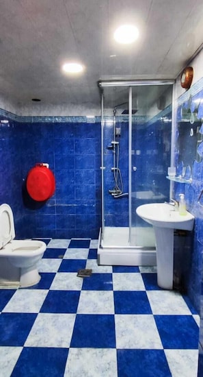 Shower, towels, soap, shampoo