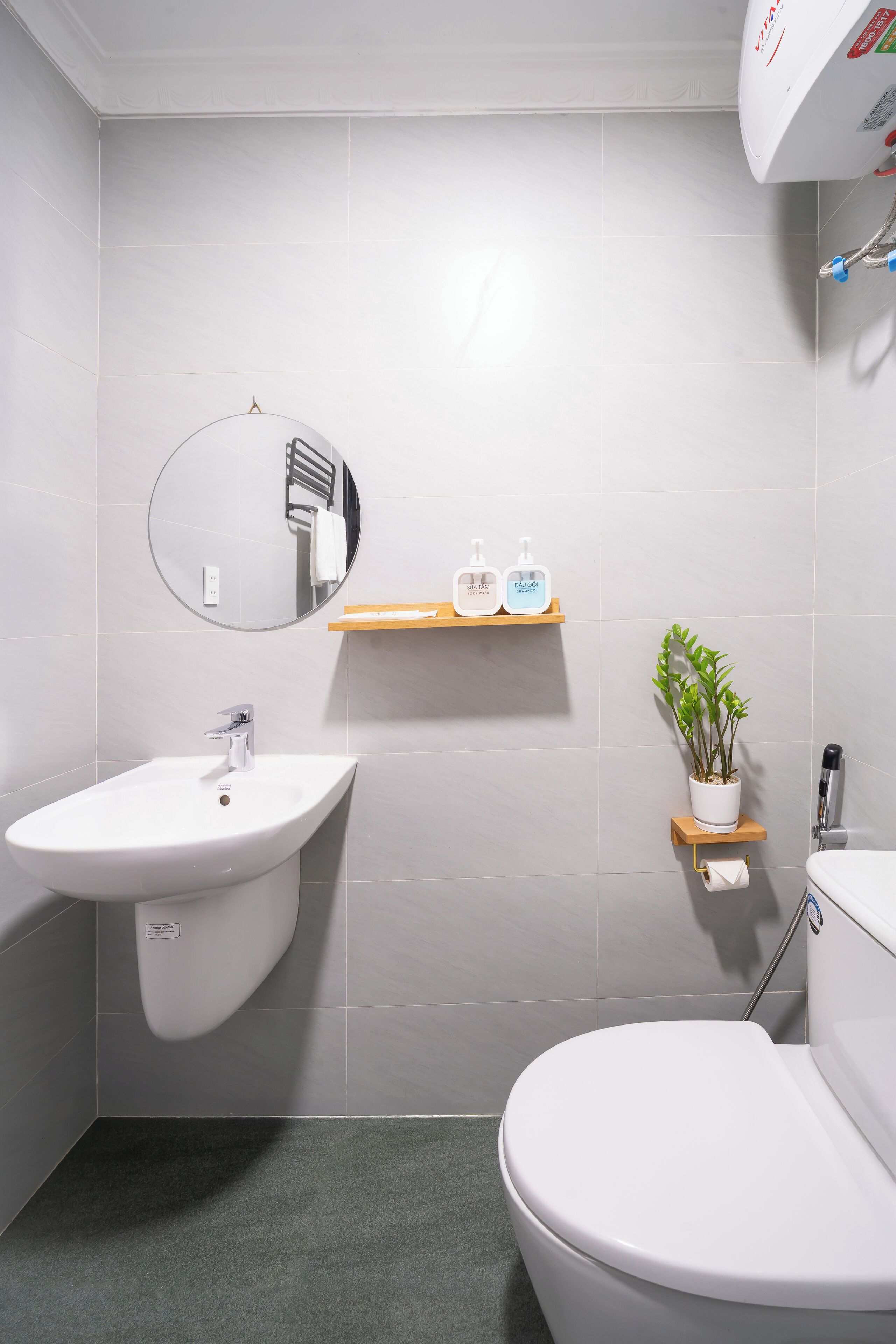 A bathroom with a white sink, toilet, and a mirror. There are two shelves with toiletries and a potted plant.