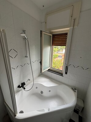 Een douche, een haardroger, een bidet, handdoeken