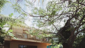 Una escalera de madera que lleva a un edificio con balcón, rodeado de abundante vegetación.
