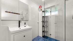 Shower, hair dryer, towels