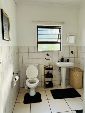 Een douche, handdoeken, toiletpapier