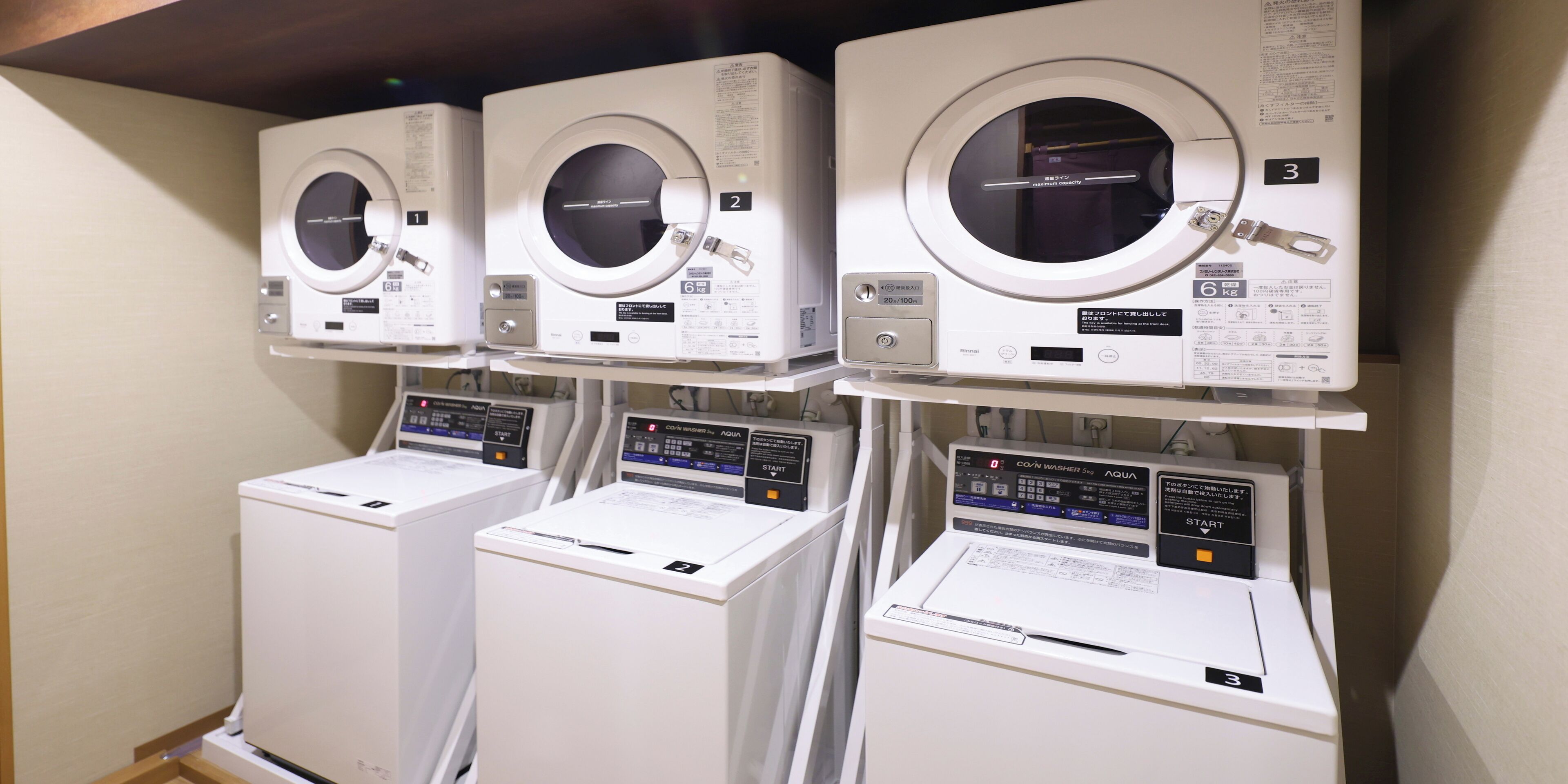 A row of white laundry machines with control panels, each labeled with a number.