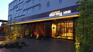A modern building with a sign reading "Express Inn." It features a glass entrance, a brick facade, and is surrounded by landscaped areas with plants.
