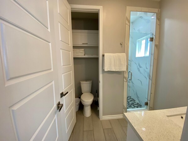 Un baño con inodoro, ducha con puerta de vidrio y lavamanos.