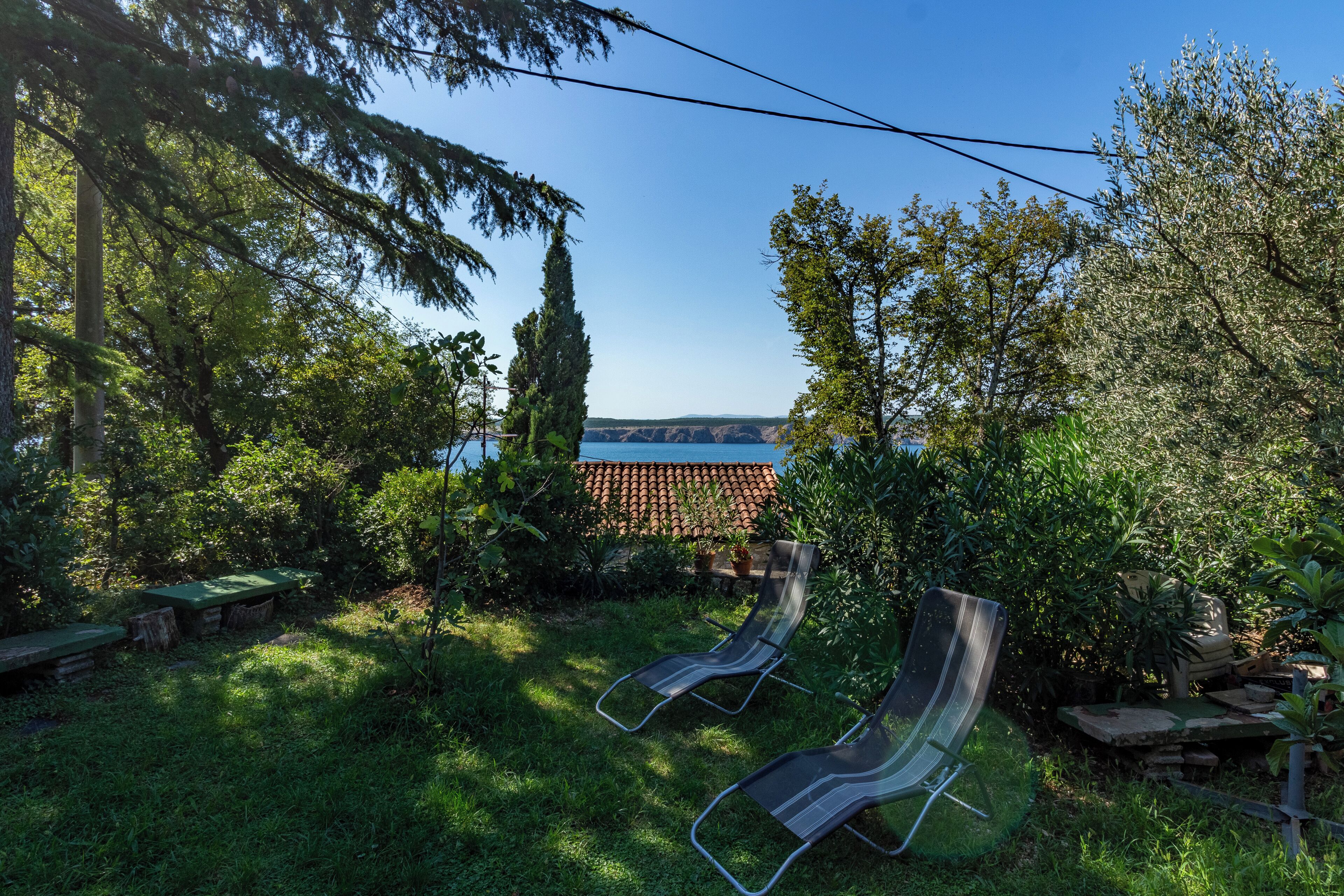 A garden with two lounge chairs, a wooden deck, and a view of a distant landscape.