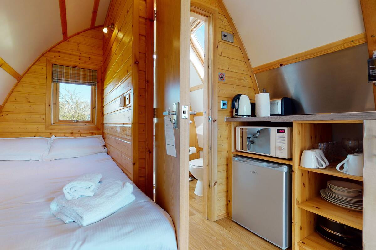 A cozy cabin with a bed, a small kitchenette, and a window.