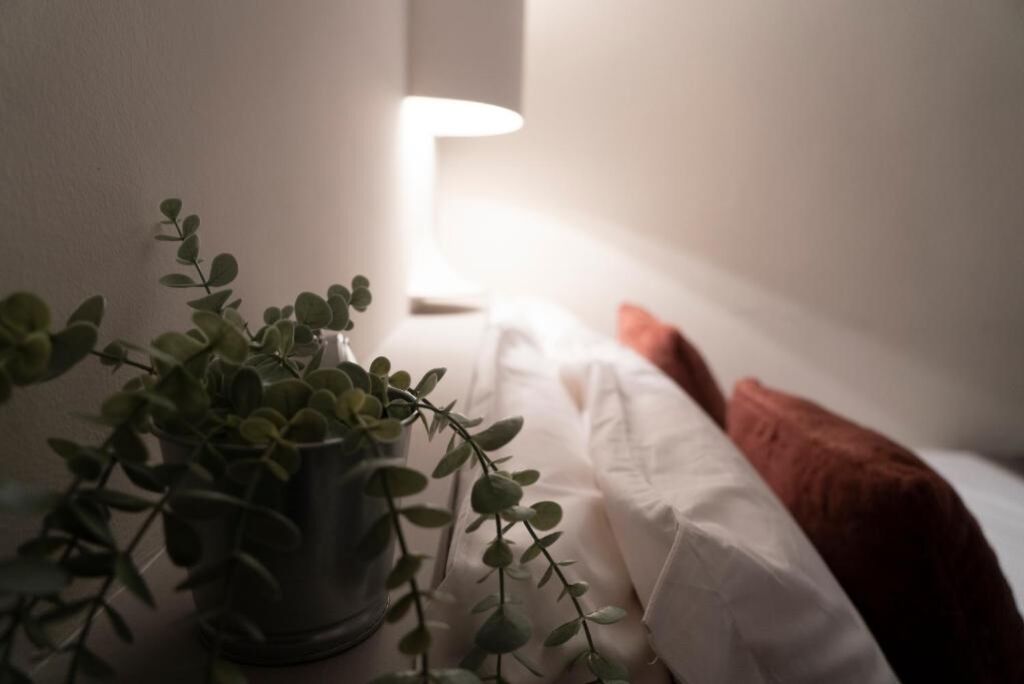 A bedside table with a potted plant and a white pillow.