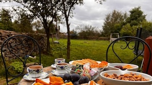 Une table dressée à l’extérieur, avec une variété de fruits et de noix, une tasse de café et un bol de viennoiseries.