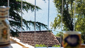 A terrace with a tiled roof, a view of the sea, and a glass table with a cup. - Apartment Azzuro Bay 2 (Jadranovo)