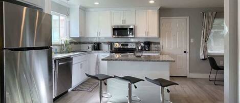 Fridge, microwave, oven, dishwasher