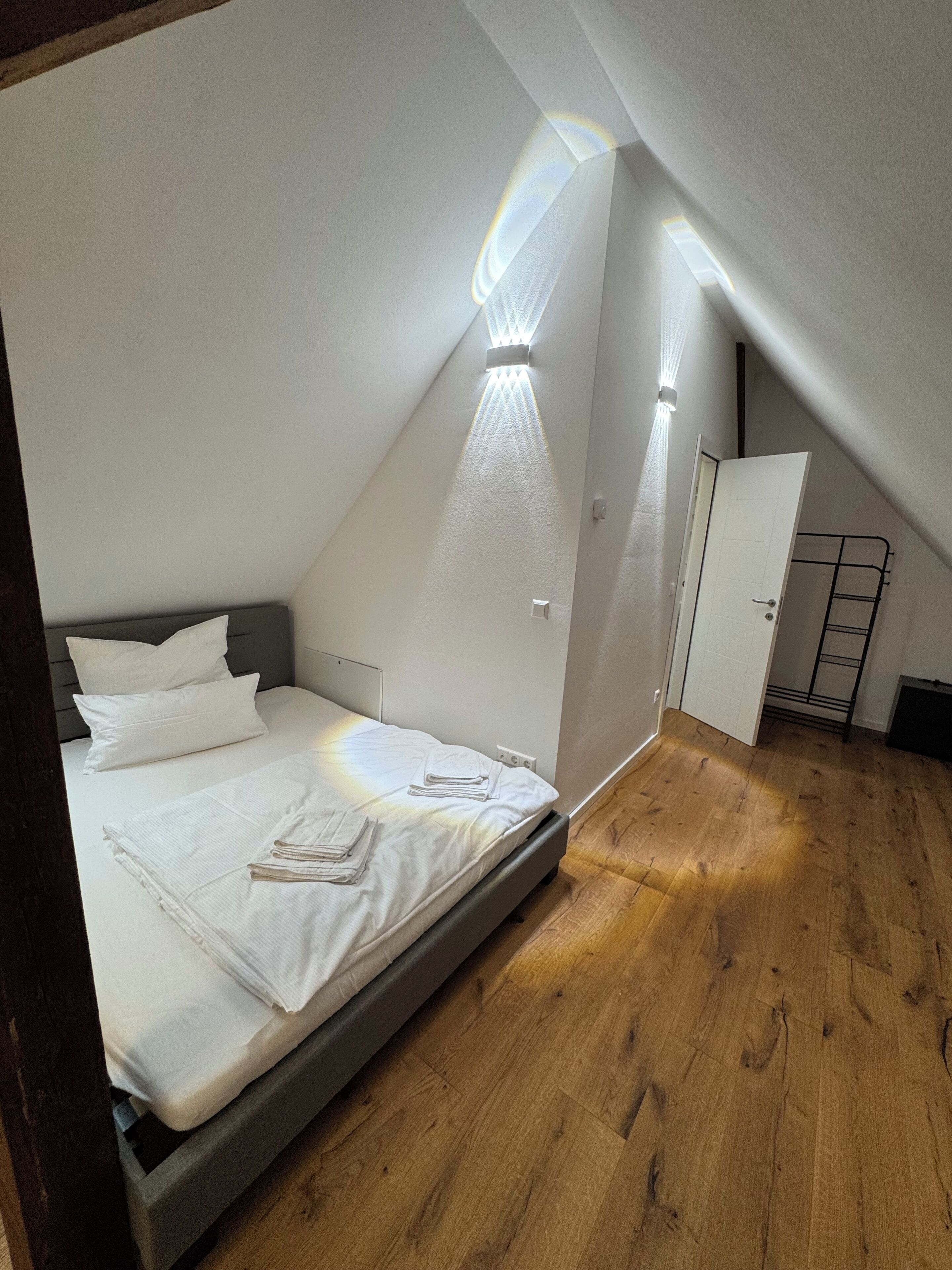 A bedroom with a bed, a wooden floor, a white door, and a skylight.