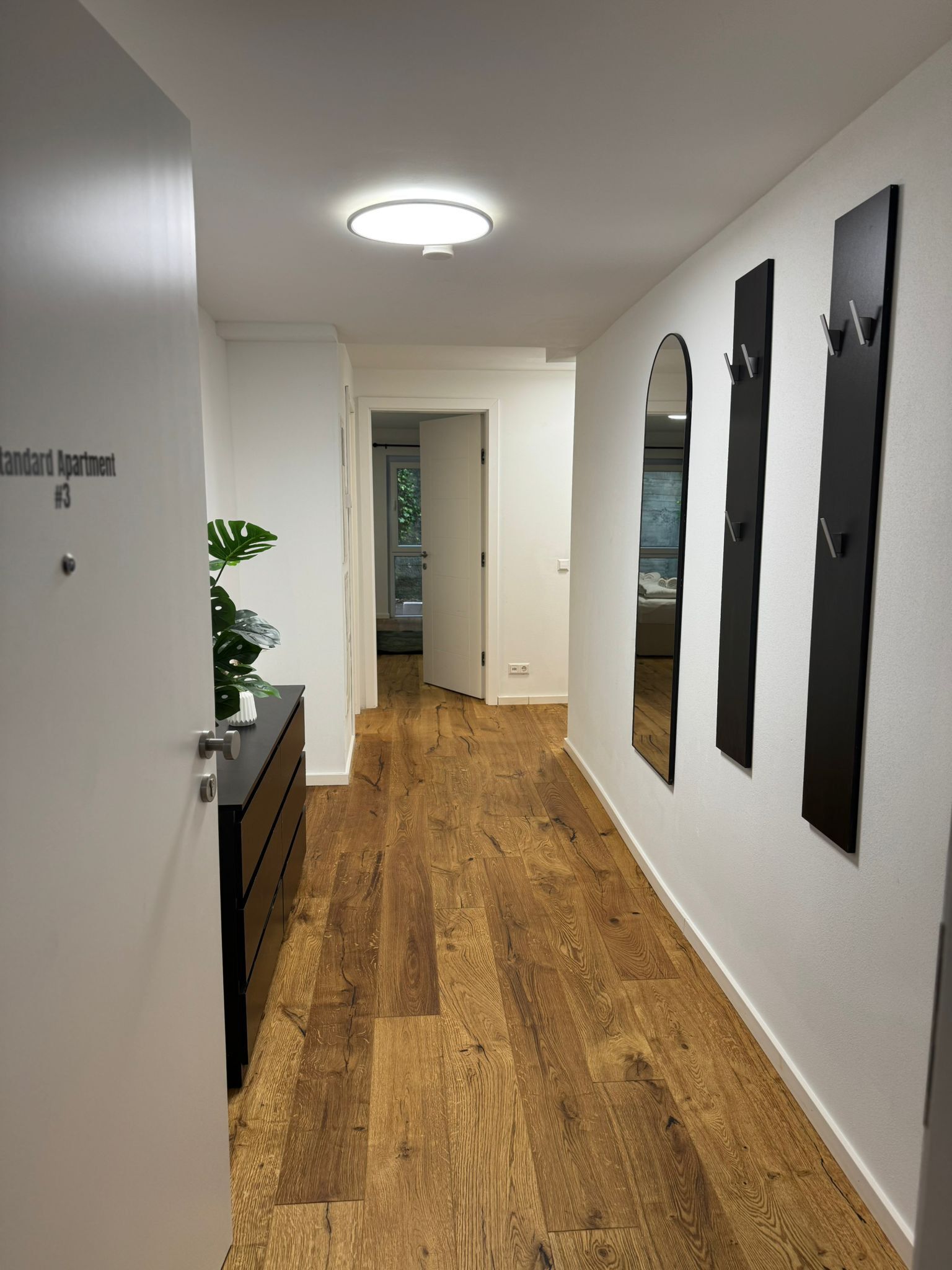 A hallway with wooden flooring, white walls, and a ceiling light. There are three black mirrors on the wall and a door labeled "Standard Apartment #3".