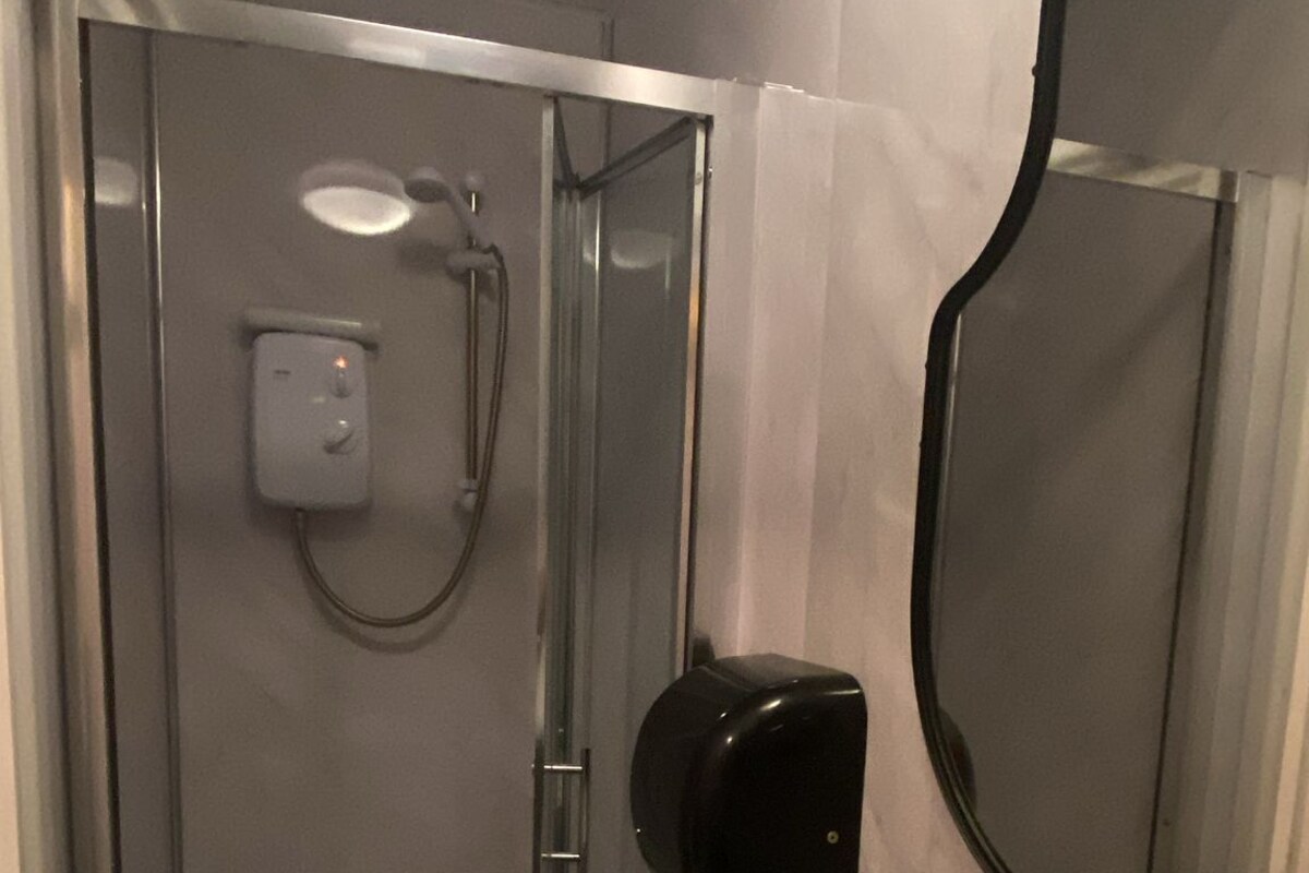 A bathroom with a glass shower enclosure, a white sink with a black faucet, a handheld showerhead, and a wall-mounted mirror.