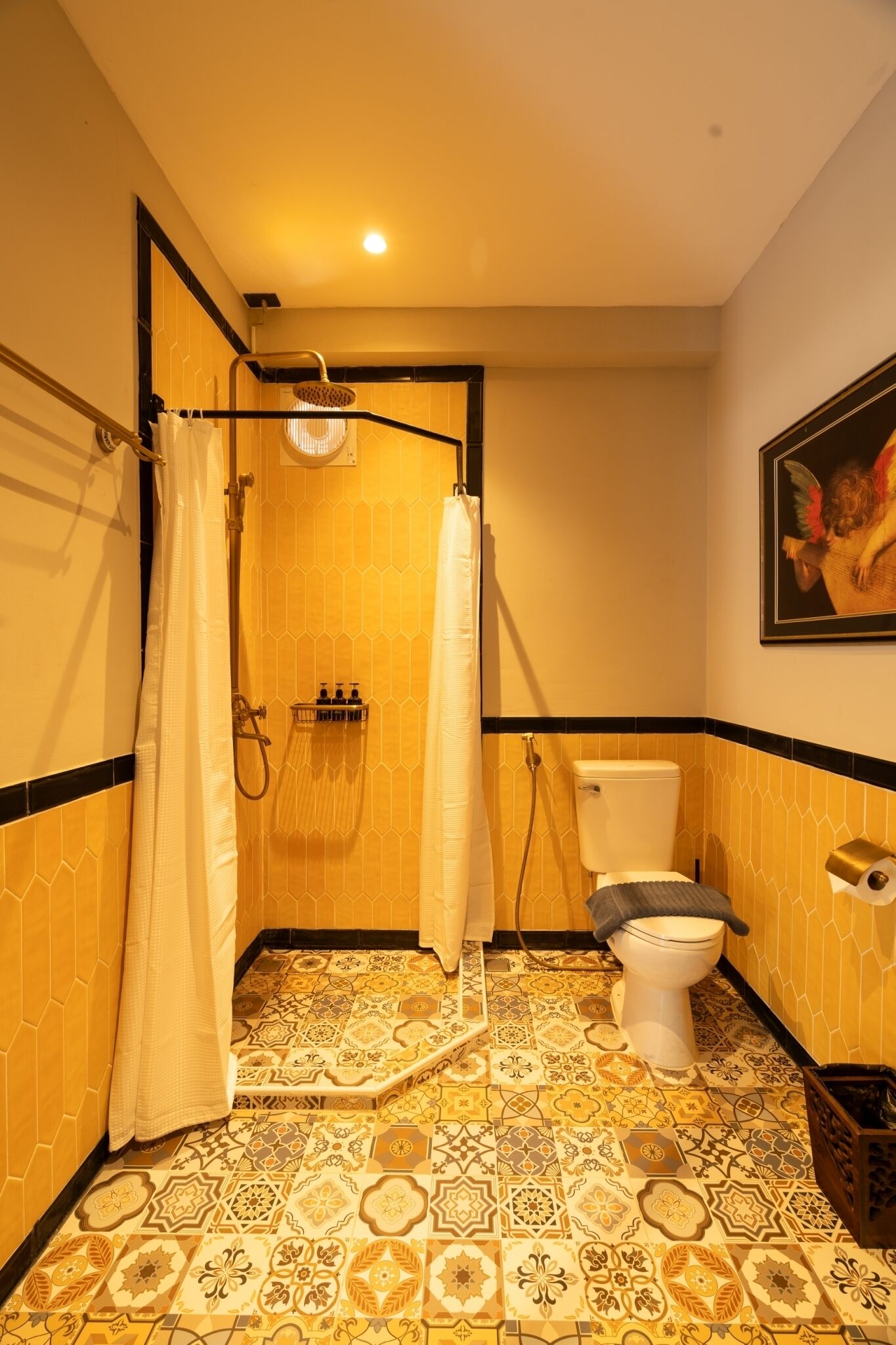 A bathroom with a shower, toilet, and patterned tiles.