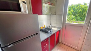 Une cuisine compacte équipée d’un réfrigérateur, d’un four à micro-ondes et d’un petit évier.