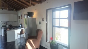 A kitchen with a refrigerator, microwave, and sink. There is a chair and a potted plant near a window. - Casa Madera 2 (La Vega)