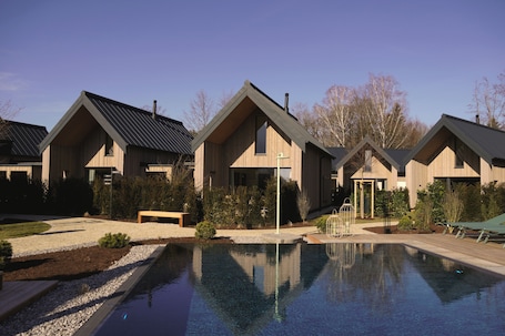 Una piscina al aire libre, sombrillas, sillones reclinables de piscina