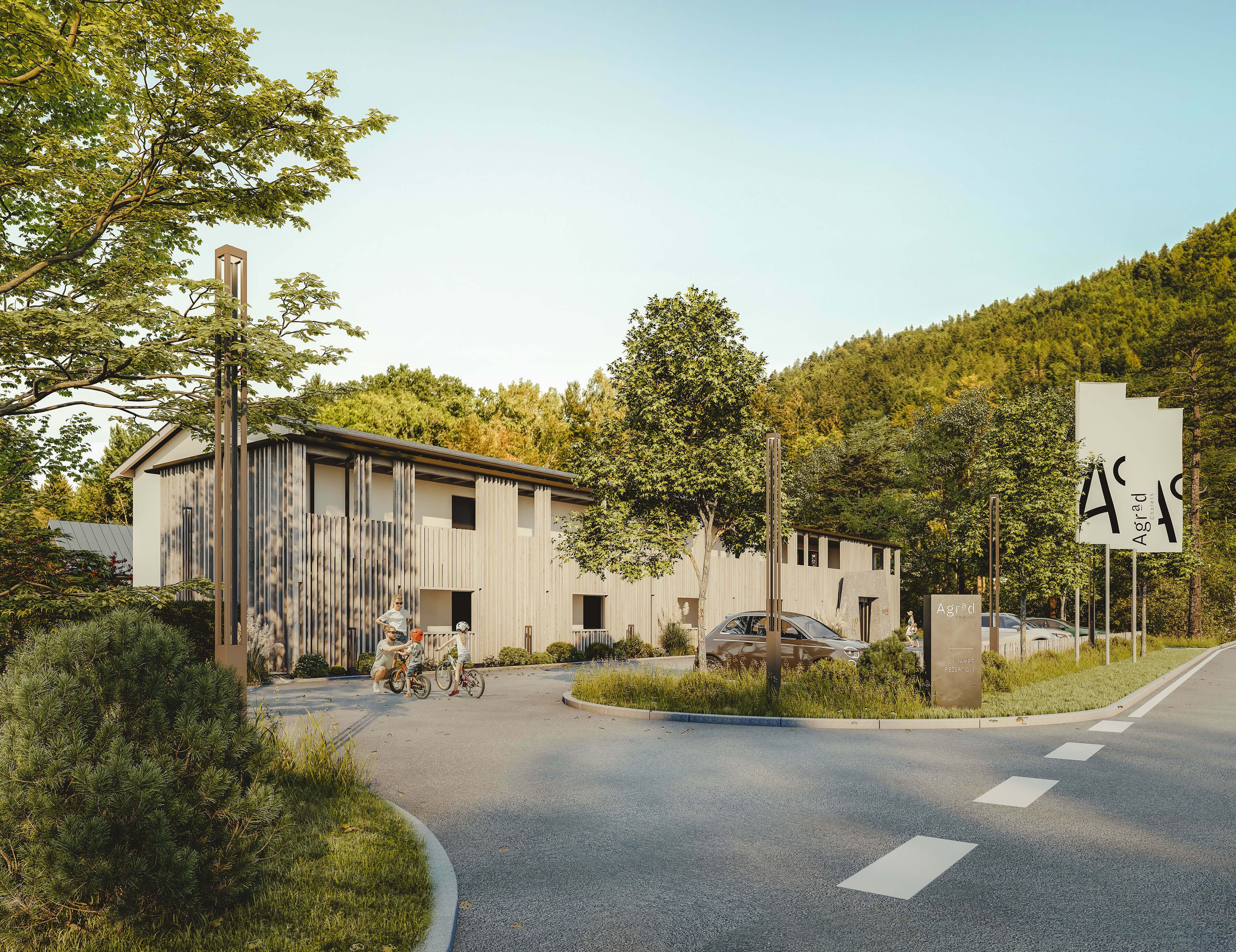 A building with a modern design, a paved road in front, and a natural landscape in the background.