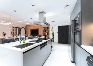 Fridge, microwave, stovetop, toaster